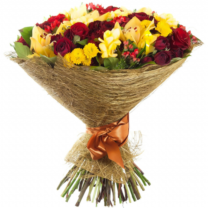 Bouquet of Yellow Orange Roses and Chrysanthemums