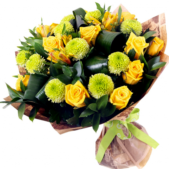 Bouquet of Yellow Roses and Chrysanthemums